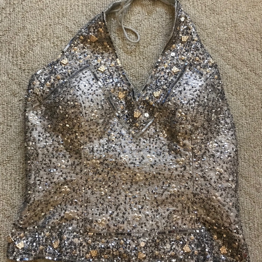 Boston Proper silver silk sequin top, size Medium